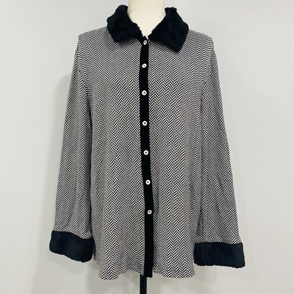 NEIMAN MARCUS VTG XL Faux Fur Trim Button Up Cardigan Shacket Houndstooth Retro - Picture 1 of 16